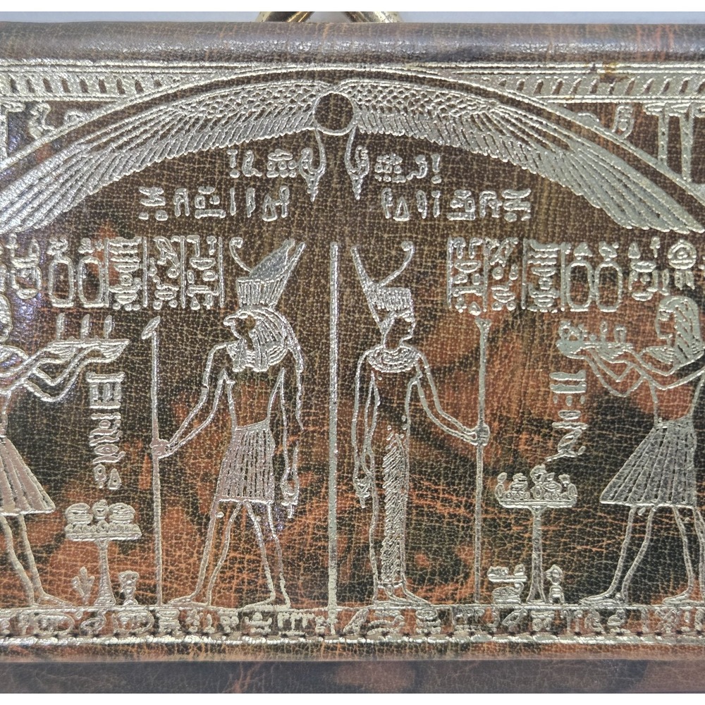 Vtg 70s Egyptian Camel Leather Trifold Wallet Purse Gold Embossed Pharaonic Art - Picture 2 of 13